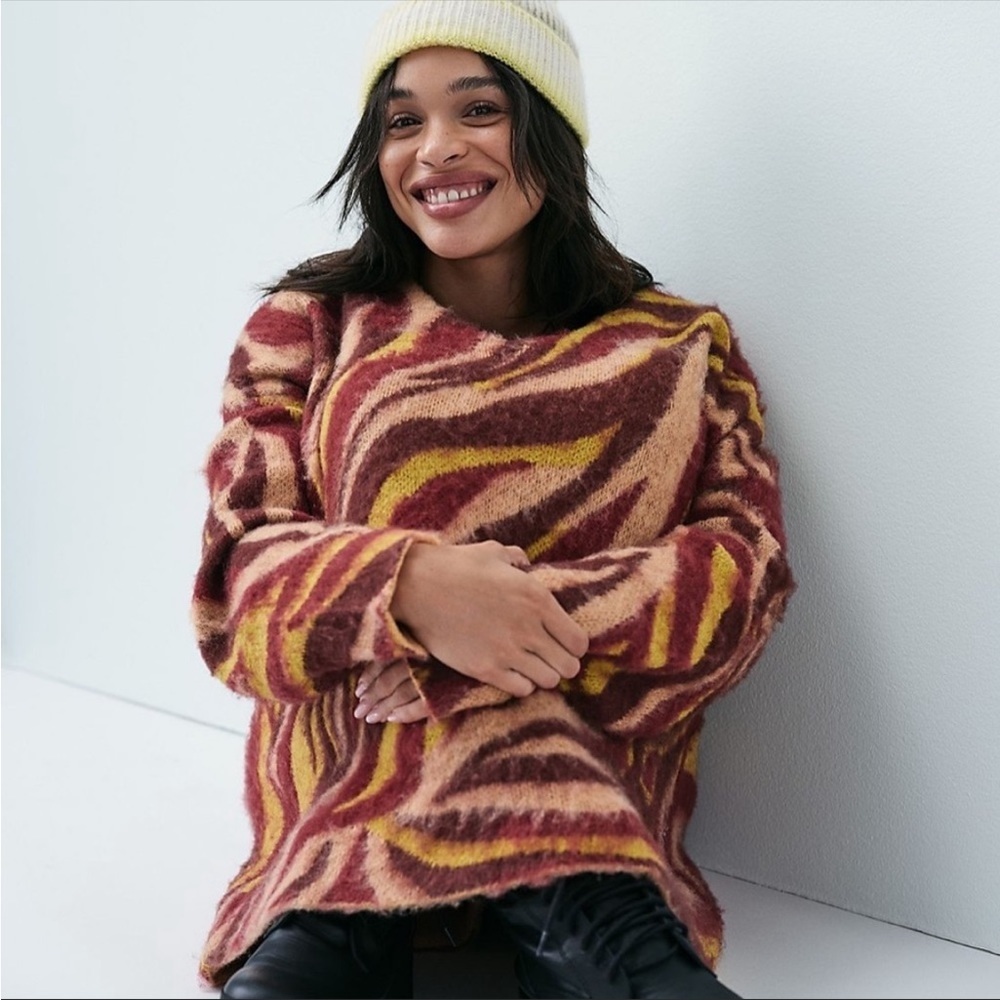 NWT FREE PEOPLE Primrose Animal Print V-neck sweater size XS wool blend - Picture 2 of 6